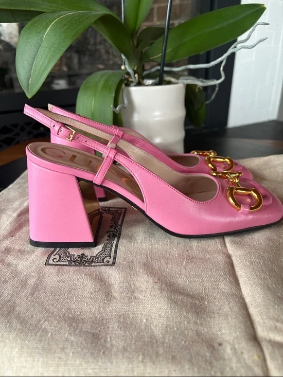 Gucci Pink Leather Horsebit Slingback Heels - Picture 7 of 11
